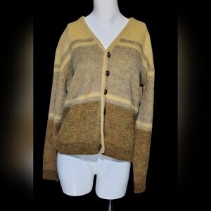 Vintage 60s Campus Shaggy Mohair Cardigan Mustard Striped Boho Mod